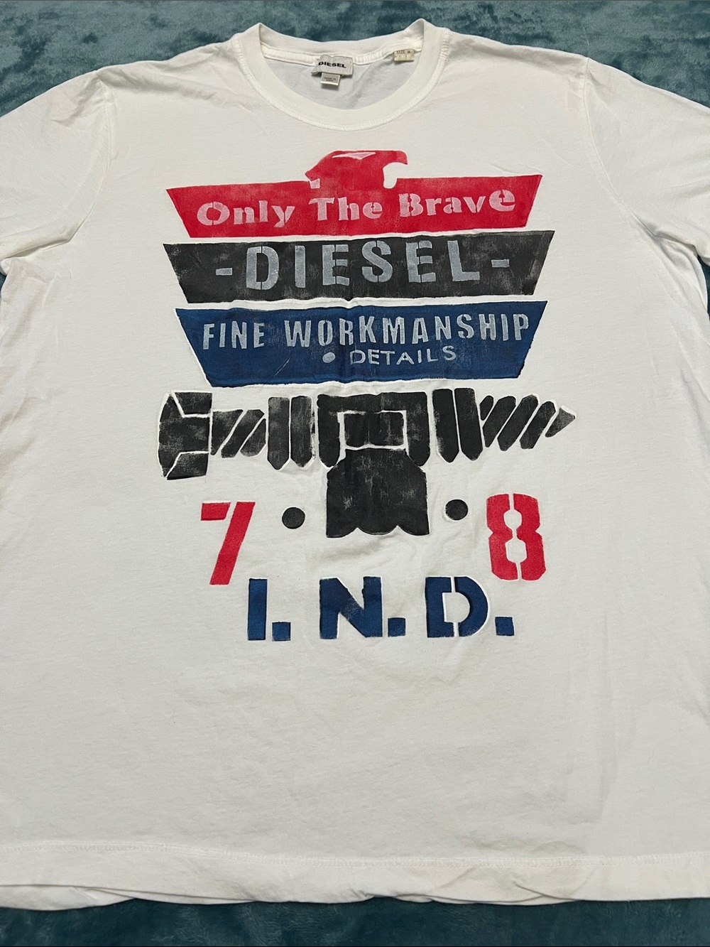 Diesel White Graphic Tee with Red, Blue, Black Print , good condition